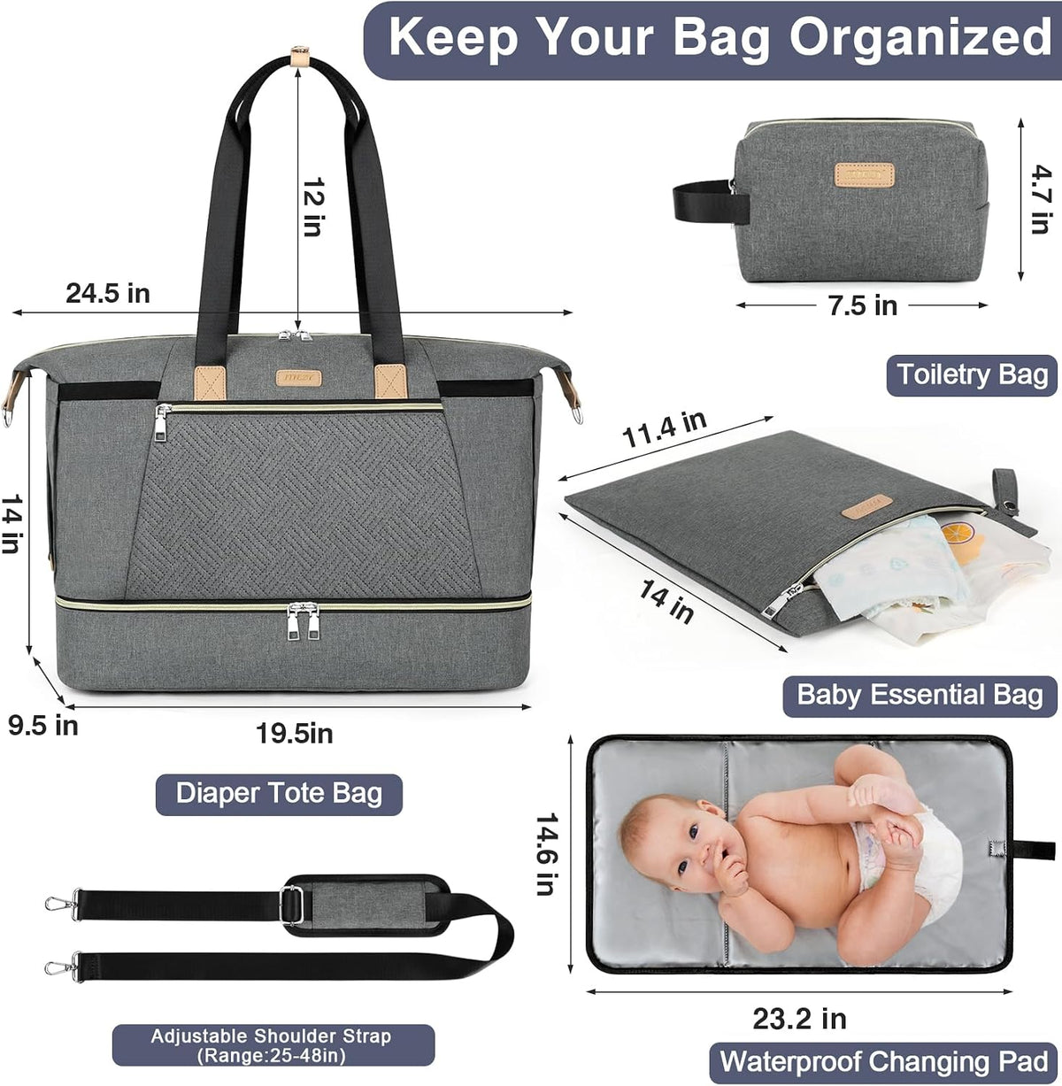 Diaper Bag Tote for Baby 7PCS, Large Mommy Bag with Portable Changing Pad