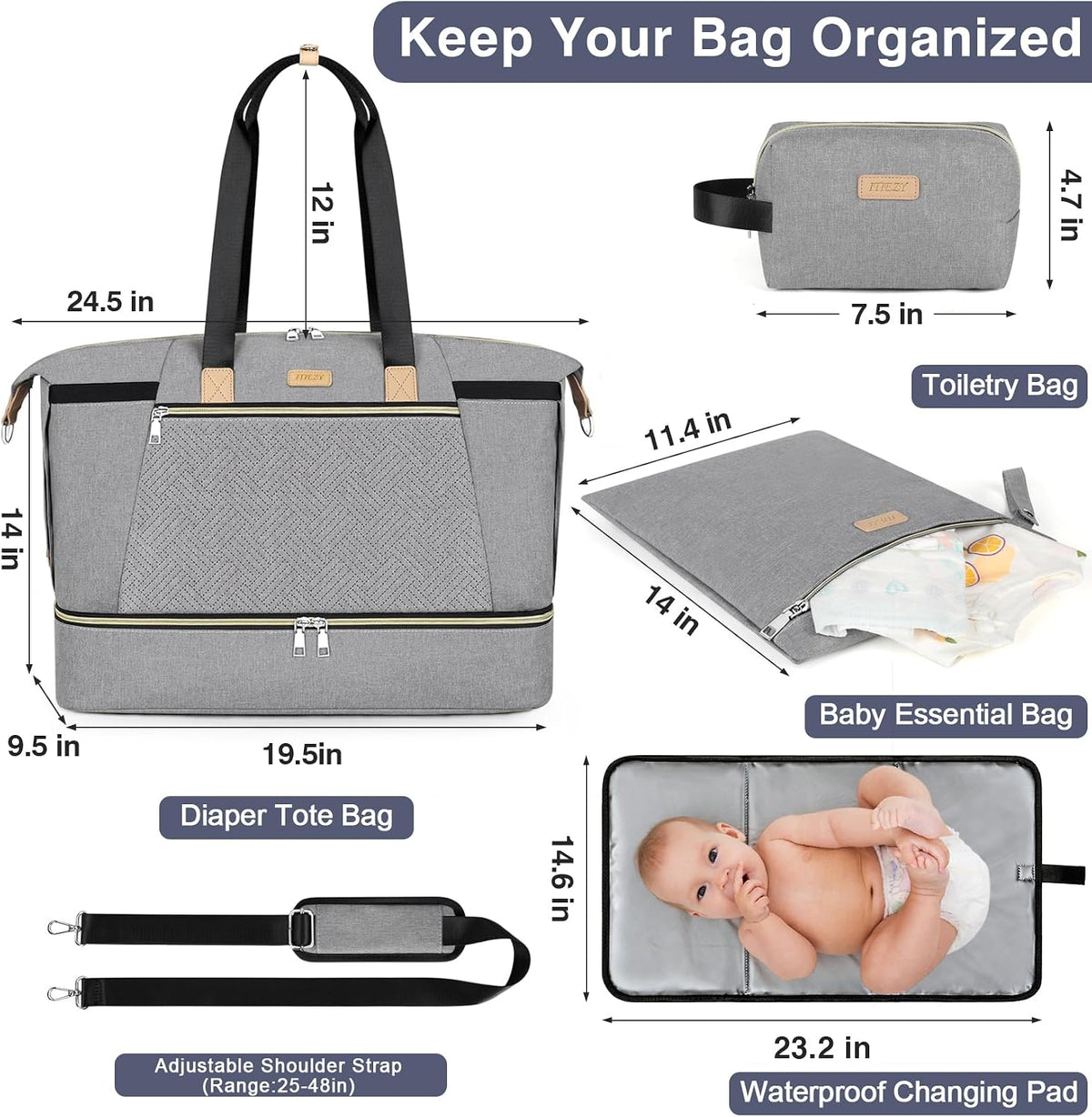 Diaper Bag Tote for Baby 7PCS, Large Mommy Bag with Portable Changing Pad