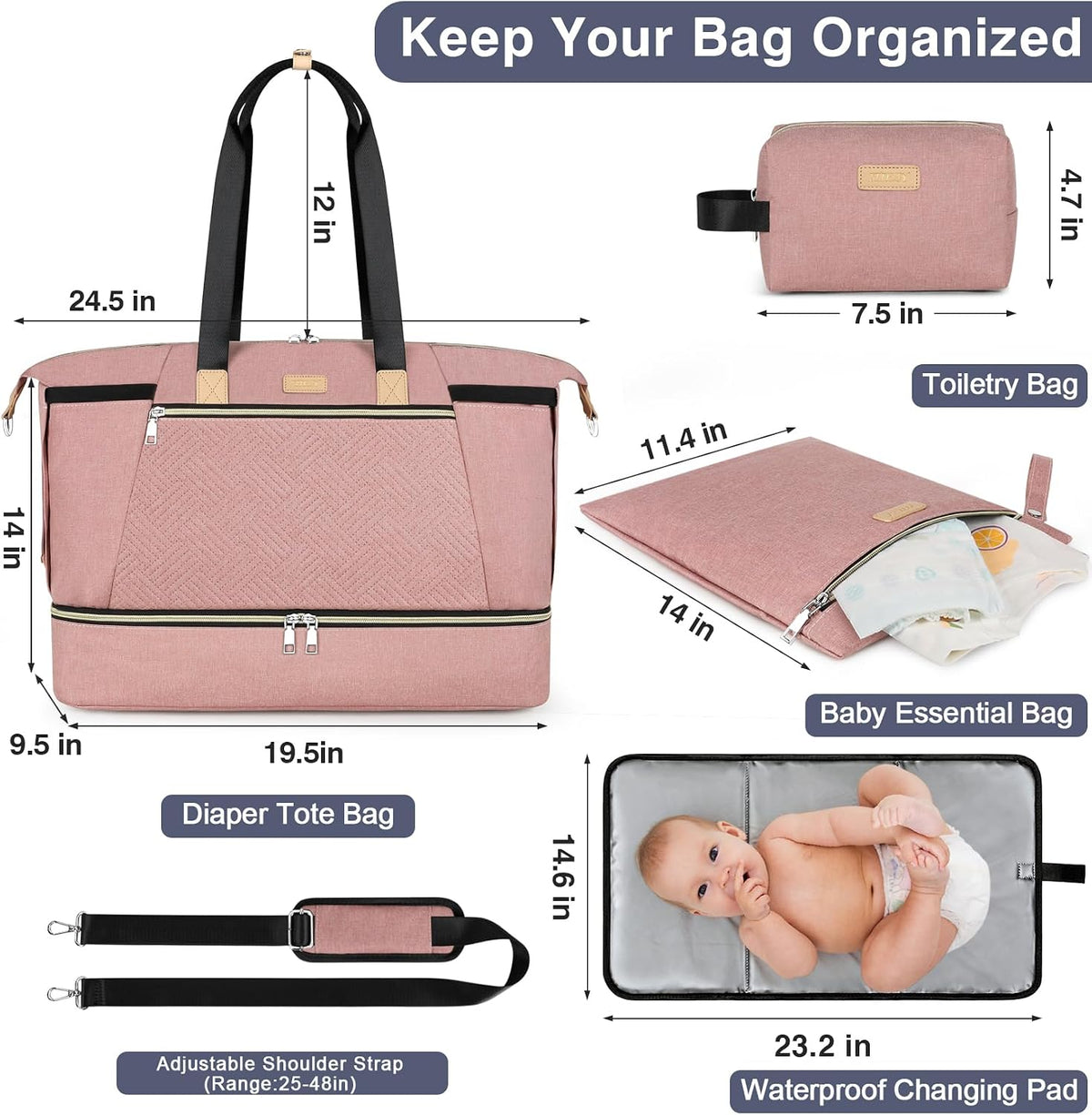 Diaper Bag Tote for Baby 7PCS, Large Mommy Bag with Portable Changing Pad
