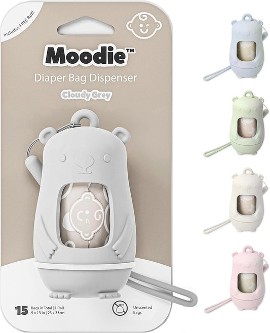Teddy Bear Dispenser | Diaper Trash Bags on the Go Dispenser w/Silicon Strap | 15 UNSCENTED Baby Poop Bags per Roll | Dirty Diaper Bag Dispenser Disposable | Diaper Waste Bags (GREY)
