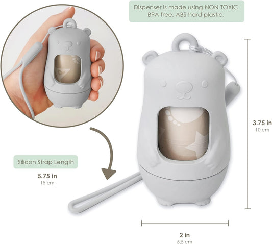 Teddy Bear Dispenser | Diaper Trash Bags on the Go Dispenser w/Silicon Strap | 15 UNSCENTED Baby Poop Bags per Roll | Dirty Diaper Bag Dispenser Disposable | Diaper Waste Bags (GREY)