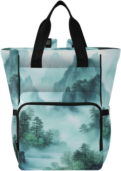 Diaper Bag Backpack, Multifunction Travel Bag for Moms Dads, Baby Changing Bag with Insulted Pockets, Stroller Straps and Side Bottle Pockets Smoky Green Mountains