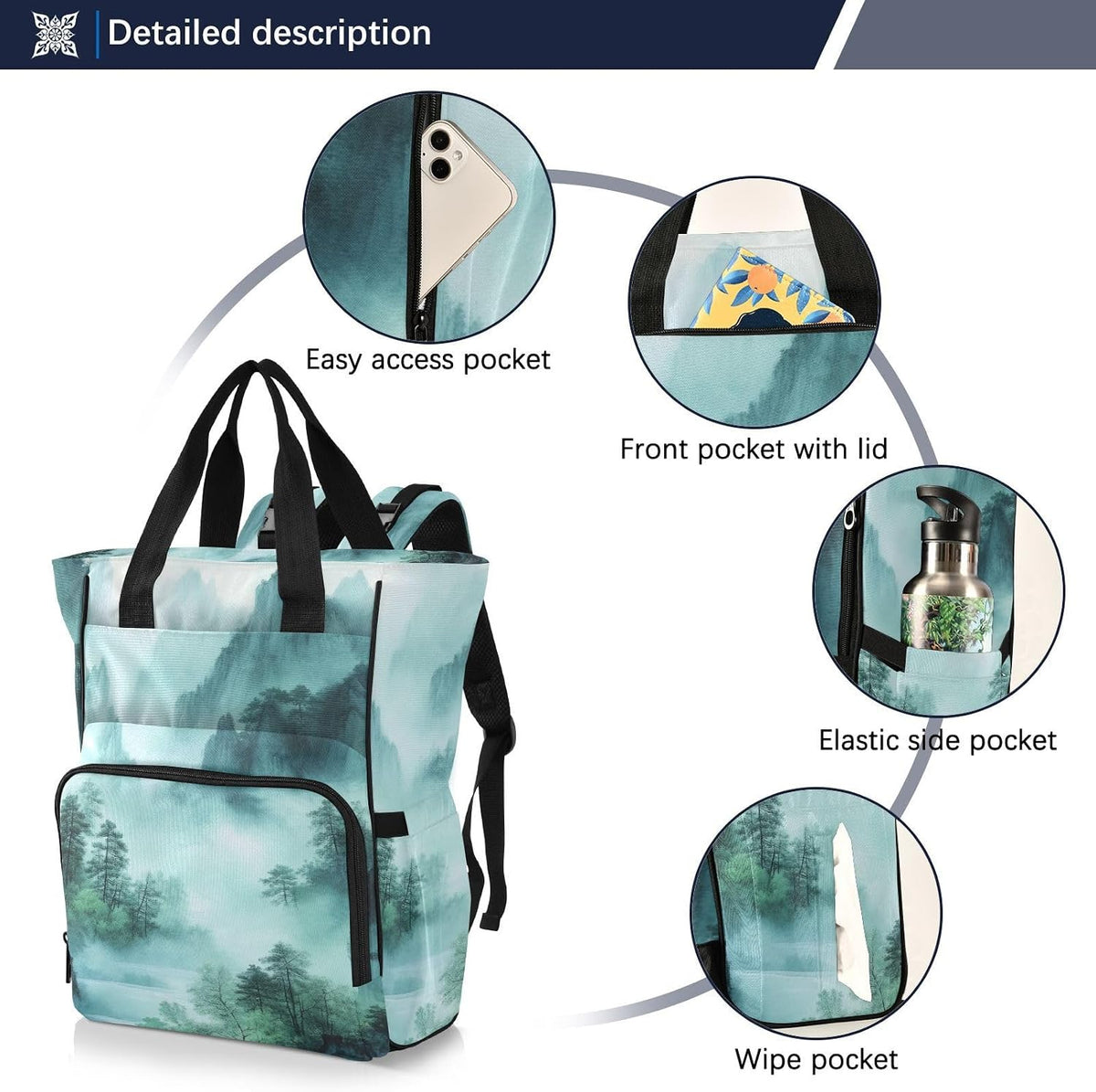 Diaper Bag Backpack, Multifunction Travel Bag for Moms Dads, Baby Changing Bag with Insulted Pockets, Stroller Straps and Side Bottle Pockets Smoky Green Mountains