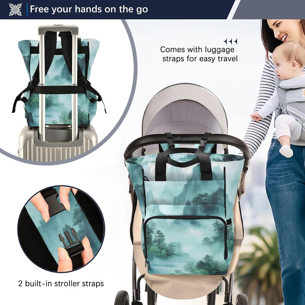 Diaper Bag Backpack, Multifunction Travel Bag for Moms Dads, Baby Changing Bag with Insulted Pockets, Stroller Straps and Side Bottle Pockets Smoky Green Mountains