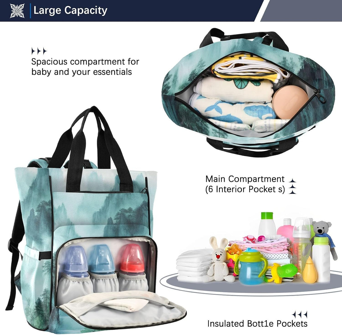 Diaper Bag Backpack, Multifunction Travel Bag for Moms Dads, Baby Changing Bag with Insulted Pockets, Stroller Straps and Side Bottle Pockets Smoky Green Mountains