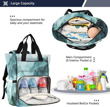Diaper Bag Backpack, Multifunction Travel Bag for Moms Dads, Baby Changing Bag with Insulted Pockets, Stroller Straps and Side Bottle Pockets Smoky Green Mountains