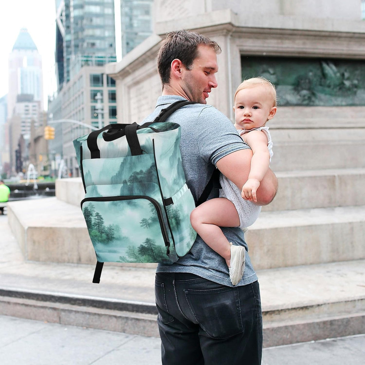 Diaper Bag Backpack, Multifunction Travel Bag for Moms Dads, Baby Changing Bag with Insulted Pockets, Stroller Straps and Side Bottle Pockets Smoky Green Mountains