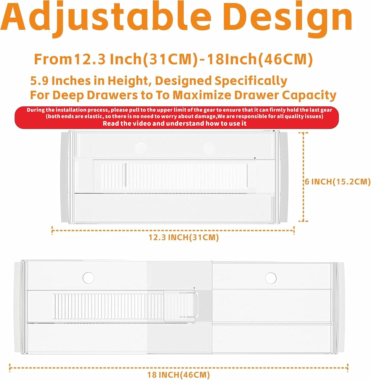 8 Pack 6 Inch Tall Acrylic Drawer Divider for Clothes-Expandable from 12.3-18''-Adjustable Dresser Deep Drawer Dividers for Baby Clothing,Underwear,Clear in Drawer Separators for Kitchen,Office