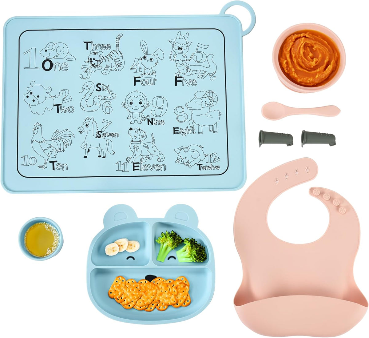 Silicone Baby Feeding Set of 8 - Baby Plates and Bowls Set - Toddler Self-Feeding Eating Utensils - Baby Led Weaning Supplies - Tableware Set for Toddler - Baby Feeding Essentials
