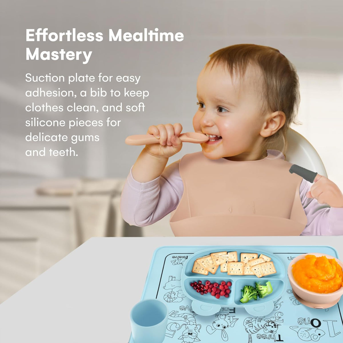 Silicone Baby Feeding Set of 8 - Baby Plates and Bowls Set - Toddler Self-Feeding Eating Utensils - Baby Led Weaning Supplies - Tableware Set for Toddler - Baby Feeding Essentials