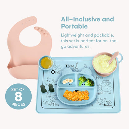 Silicone Baby Feeding Set of 8 - Baby Plates and Bowls Set - Toddler Self-Feeding Eating Utensils - Baby Led Weaning Supplies - Tableware Set for Toddler - Baby Feeding Essentials