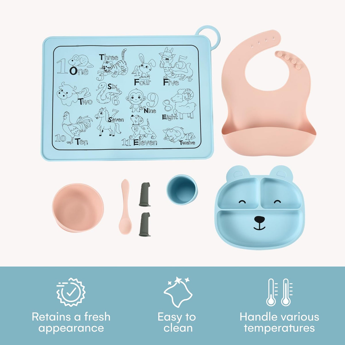 Silicone Baby Feeding Set of 8 - Baby Plates and Bowls Set - Toddler Self-Feeding Eating Utensils - Baby Led Weaning Supplies - Tableware Set for Toddler - Baby Feeding Essentials