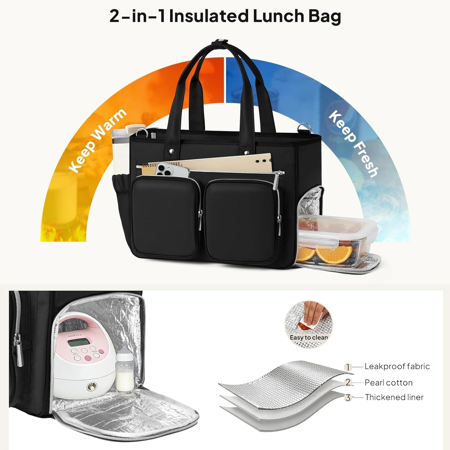 Teacher Tote Bag with Insulated Lunch Compartment 15.6" Laptop Bag