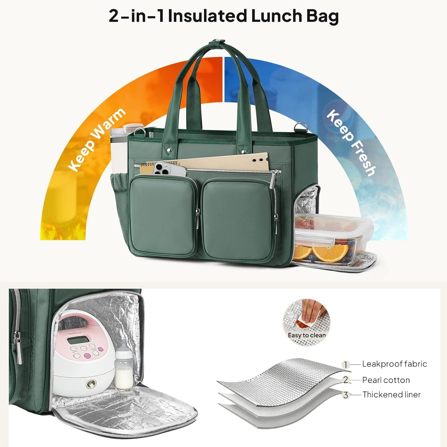 Teacher Tote Bag with Insulated Lunch Compartment 15.6" Laptop Bag