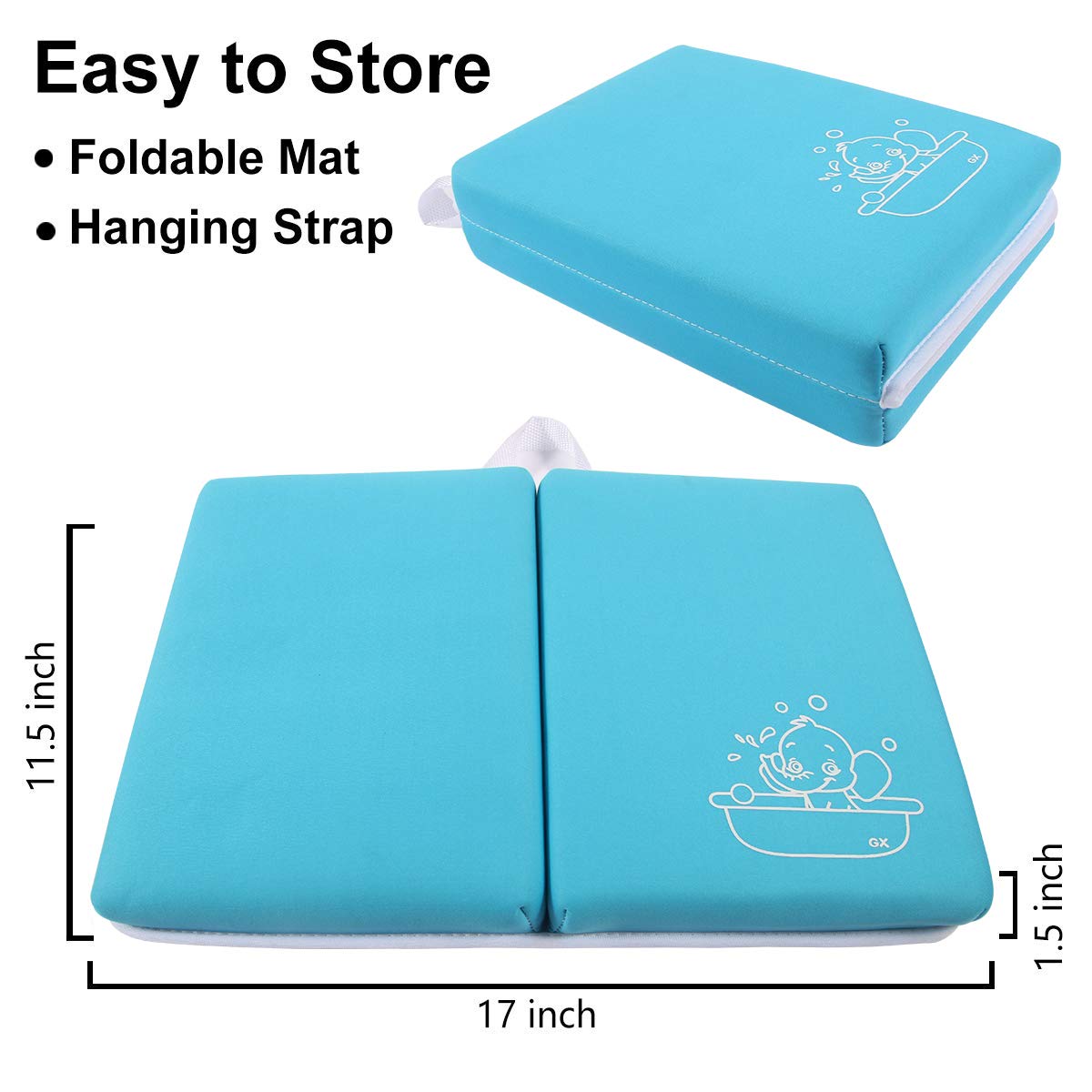 Bath Kneeler with Elbow Rest Bathtub 1.5" Thick Kneeler Mat with Toy Organizer - Bath Kneeling Pad for Baby Bath Time - Detachable and Foldable Child Bath Tub Pad for Parents- Blue