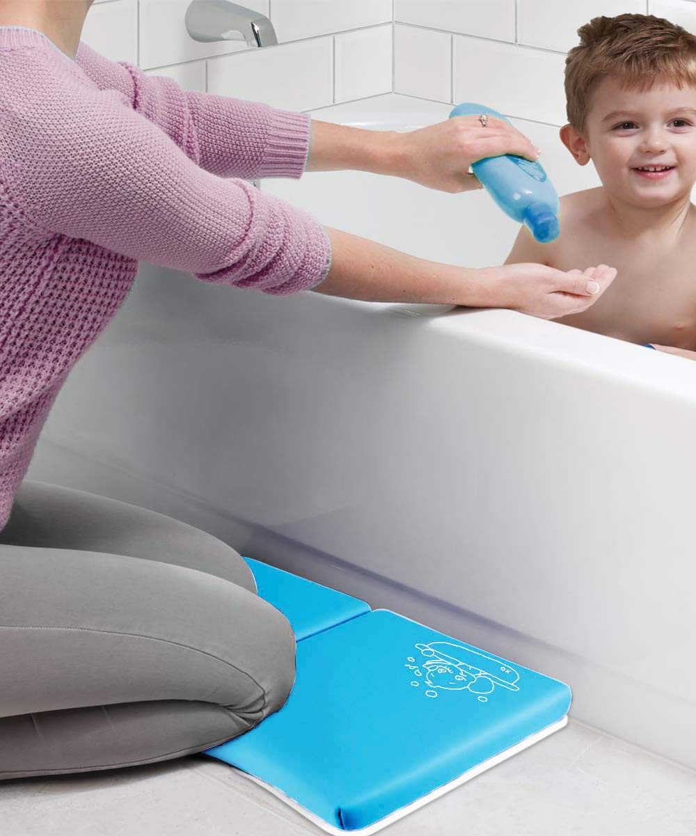 Bath Kneeler with Elbow Rest Bathtub 1.5" Thick Kneeler Mat with Toy Organizer - Bath Kneeling Pad for Baby Bath Time - Detachable and Foldable Child Bath Tub Pad for Parents- Blue