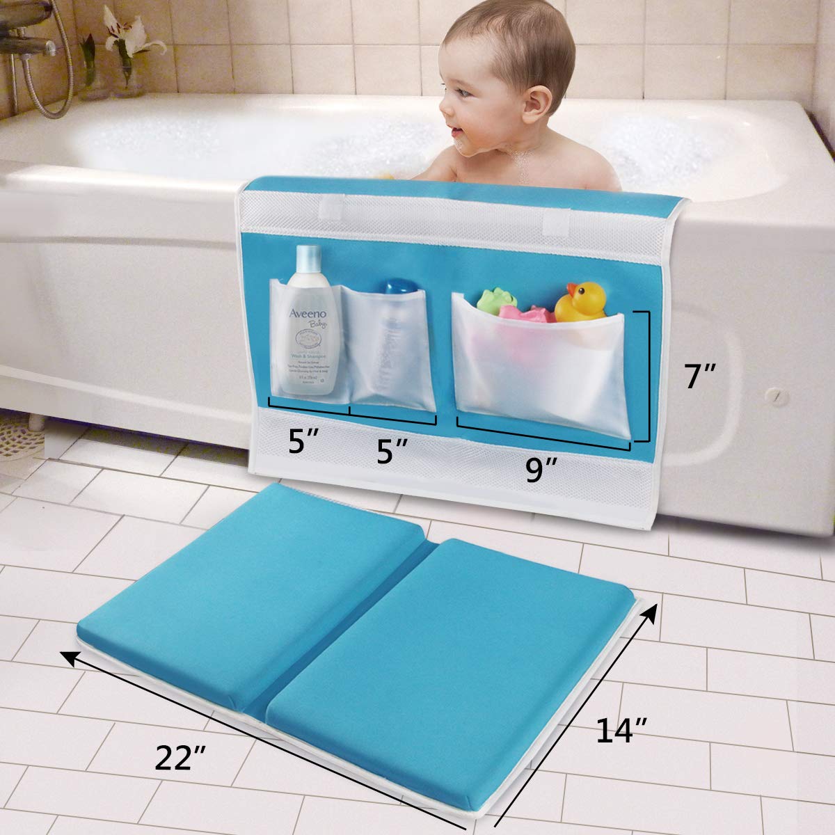 Bath Kneeler with Elbow Rest Bathtub 1.5" Thick Kneeler Mat with Toy Organizer - Bath Kneeling Pad for Baby Bath Time - Detachable and Foldable Child Bath Tub Pad for Parents- Blue