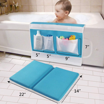 Bath Kneeler with Elbow Rest Bathtub 1.5" Thick Kneeler Mat with Toy Organizer - Bath Kneeling Pad for Baby Bath Time - Detachable and Foldable Child Bath Tub Pad for Parents- Blue