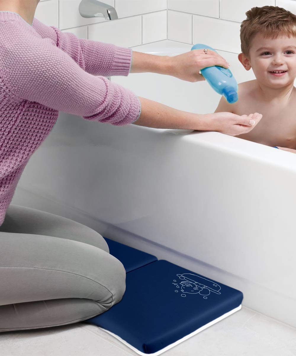 Bath Kneeler with Elbow Rest Bathtub 1.5" Thick Kneeler Mat with Toy Organizer - Bath Kneeling Pad for Baby Bath Time - Detachable and Foldable Child Bath Tub Pad for Parents- Blue
