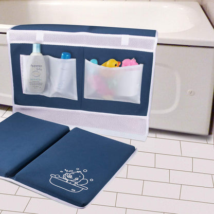 Bath Kneeler with Elbow Rest Bathtub 1.5" Thick Kneeler Mat with Toy Organizer - Bath Kneeling Pad for Baby Bath Time - Detachable and Foldable Child Bath Tub Pad for Parents- Blue