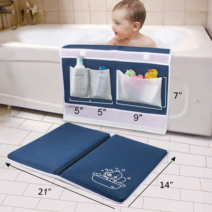 Bath Kneeler with Elbow Rest Bathtub 1.5" Thick Kneeler Mat with Toy Organizer - Bath Kneeling Pad for Baby Bath Time - Detachable and Foldable Child Bath Tub Pad for Parents- Blue