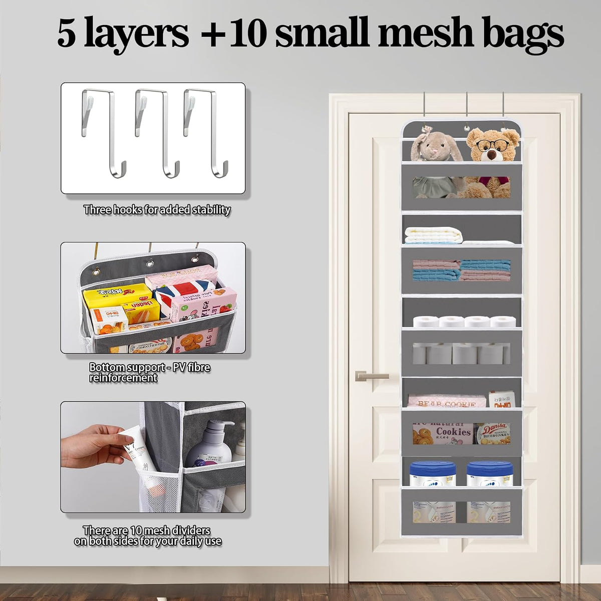 KYEVIS Over The Door Organizer, 5 Shelves Closet Door Hanging Storage and Organizer with 10 Mesh Pockets, Nursery Closet Organizer, Baby Essentials, Stuffed Animal Storage