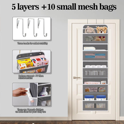 KYEVIS Over The Door Organizer, 5 Shelves Closet Door Hanging Storage and Organizer with 10 Mesh Pockets, Nursery Closet Organizer, Baby Essentials, Stuffed Animal Storage