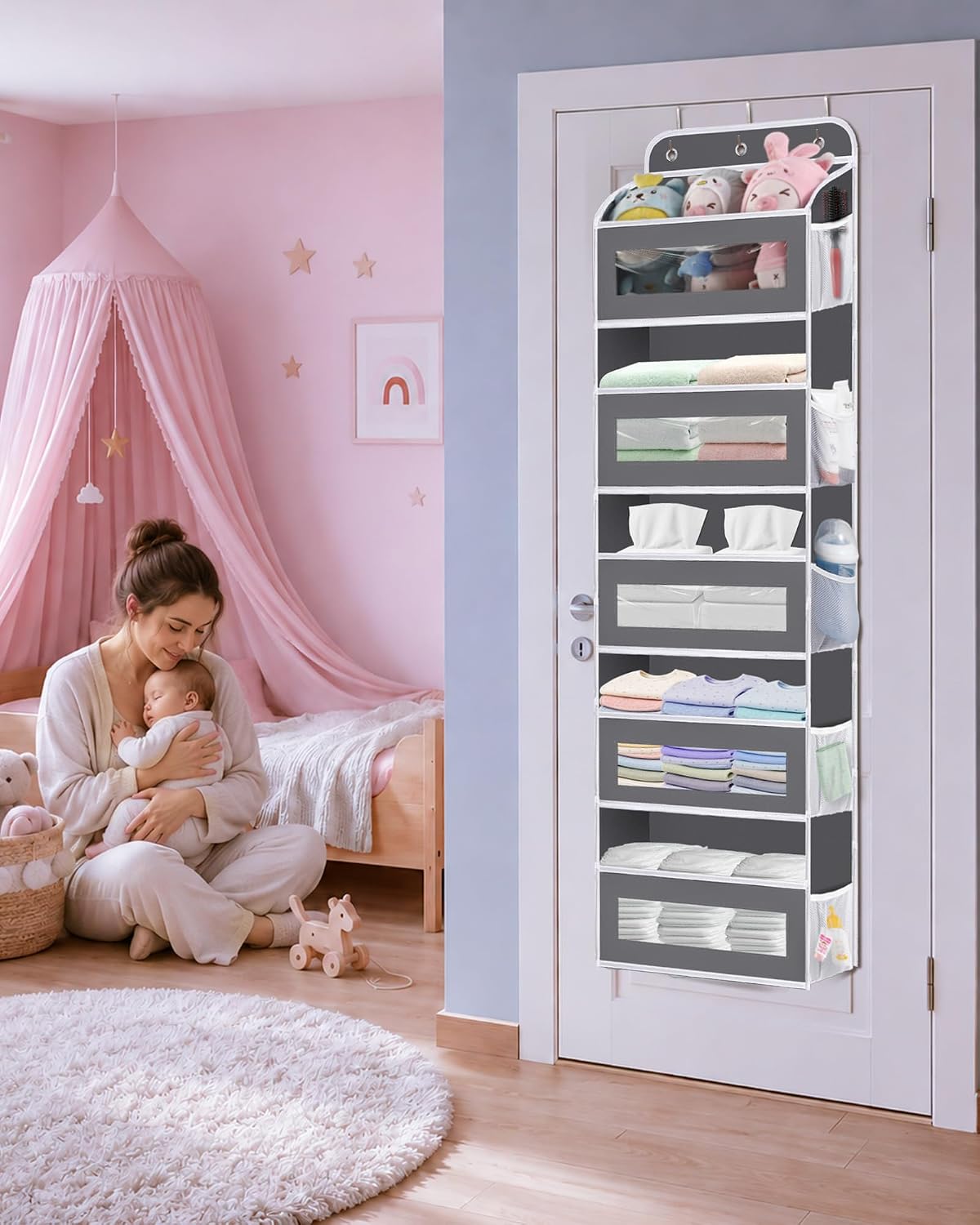 KYEVIS Over The Door Organizer, 5 Shelves Closet Door Hanging Storage and Organizer with 10 Mesh Pockets, Nursery Closet Organizer, Baby Essentials, Stuffed Animal Storage
