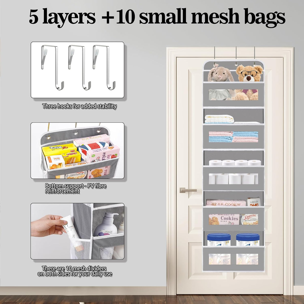 KYEVIS Over The Door Organizer, 5 Shelves Closet Door Hanging Storage and Organizer with 10 Mesh Pockets, Nursery Closet Organizer, Baby Essentials, Stuffed Animal Storage