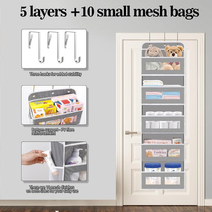 KYEVIS Over The Door Organizer, 5 Shelves Closet Door Hanging Storage and Organizer with 10 Mesh Pockets, Nursery Closet Organizer, Baby Essentials, Stuffed Animal Storage