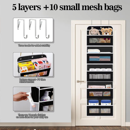 KYEVIS Over The Door Organizer, 5 Shelves Closet Door Hanging Storage and Organizer with 10 Mesh Pockets, Nursery Closet Organizer, Baby Essentials, Stuffed Animal Storage