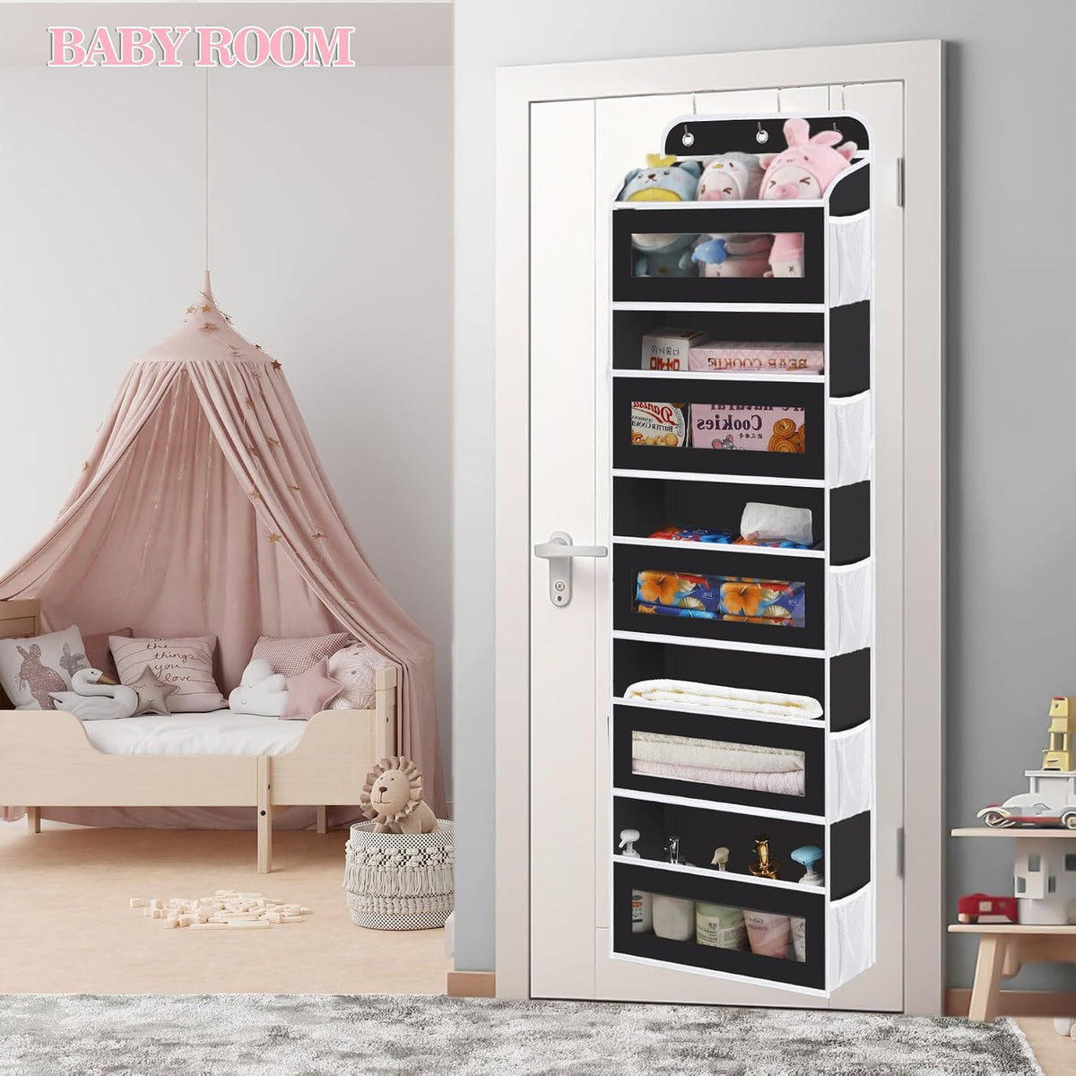 KYEVIS Over The Door Organizer, 5 Shelves Closet Door Hanging Storage and Organizer with 10 Mesh Pockets, Nursery Closet Organizer, Baby Essentials, Stuffed Animal Storage