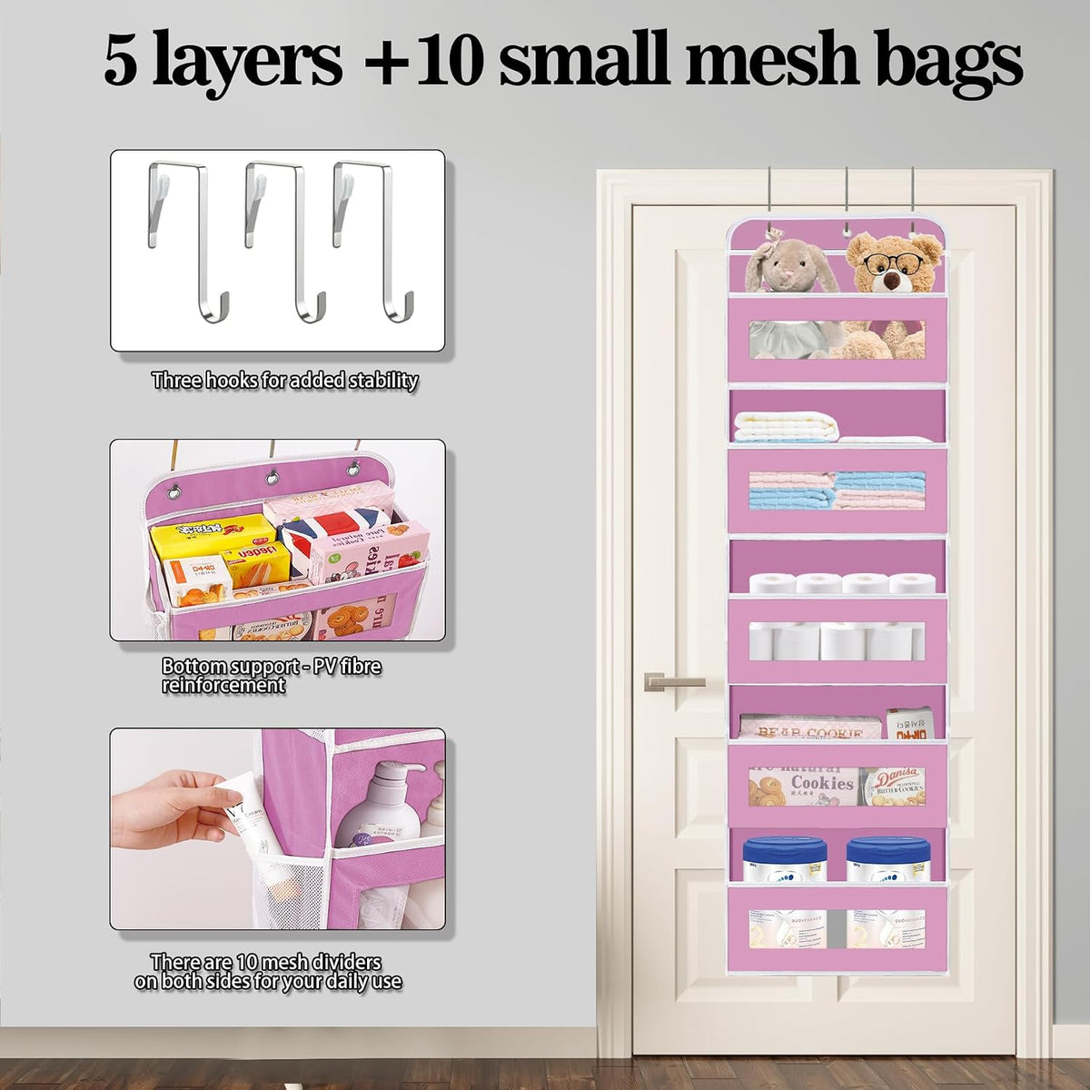 KYEVIS Over The Door Organizer, 5 Shelves Closet Door Hanging Storage and Organizer with 10 Mesh Pockets, Nursery Closet Organizer, Baby Essentials, Stuffed Animal Storage