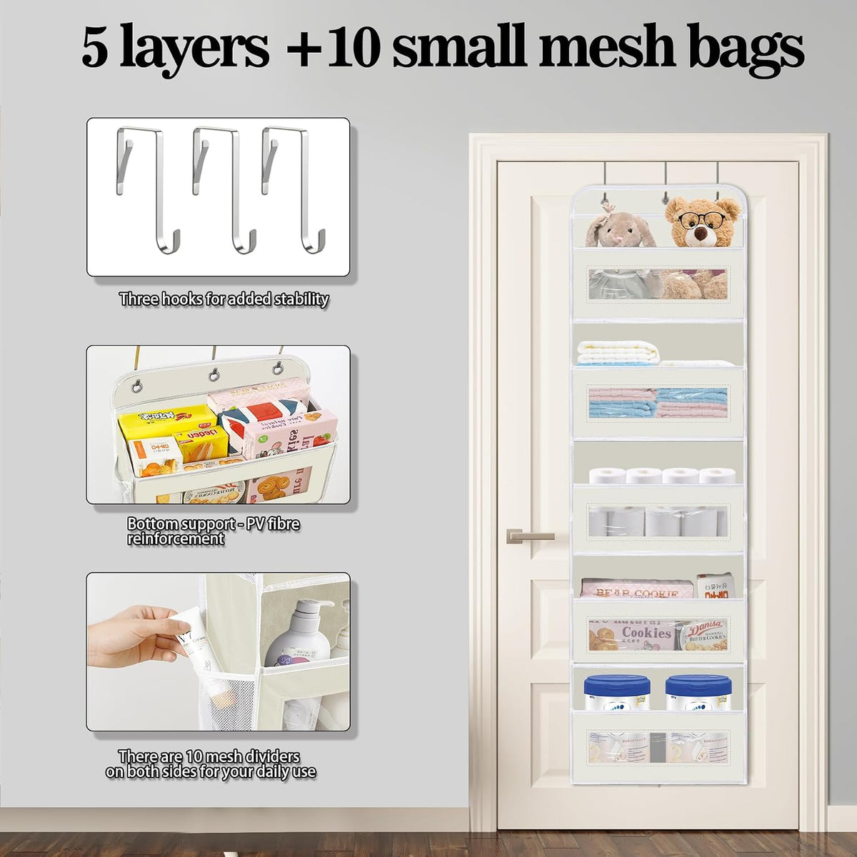 KYEVIS Over The Door Organizer, 5 Shelves Closet Door Hanging Storage and Organizer with 10 Mesh Pockets, Nursery Closet Organizer, Baby Essentials, Stuffed Animal Storage
