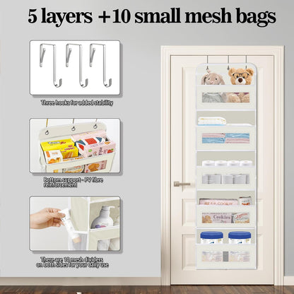 KYEVIS Over The Door Organizer, 5 Shelves Closet Door Hanging Storage and Organizer with 10 Mesh Pockets, Nursery Closet Organizer, Baby Essentials, Stuffed Animal Storage