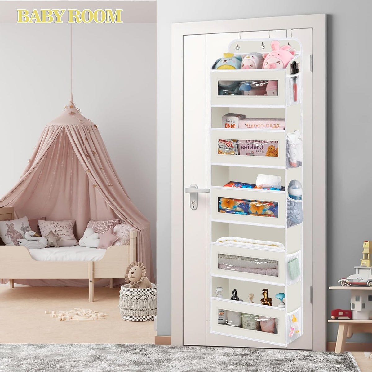 KYEVIS Over The Door Organizer, 5 Shelves Closet Door Hanging Storage and Organizer with 10 Mesh Pockets, Nursery Closet Organizer, Baby Essentials, Stuffed Animal Storage