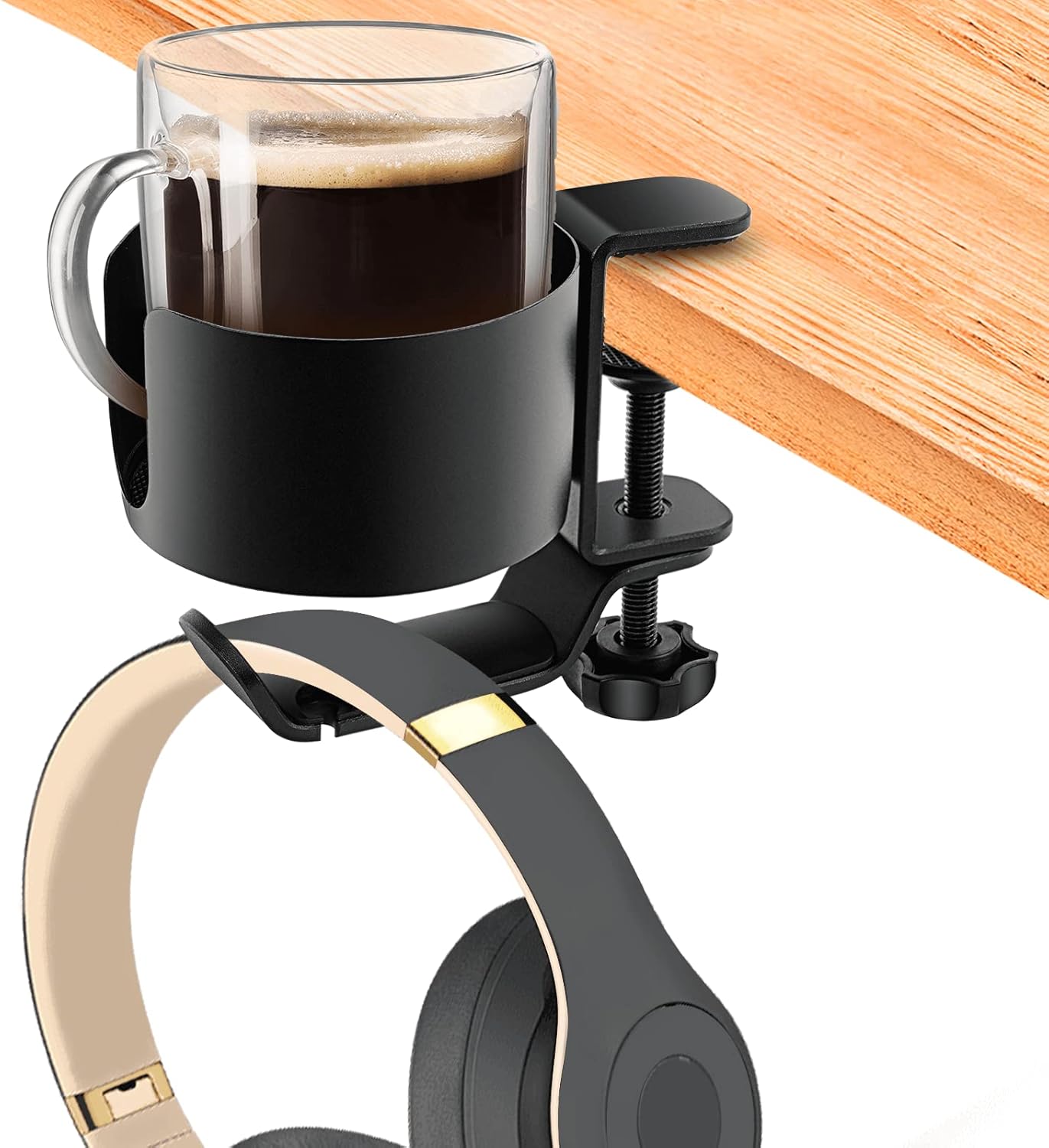 2 in 1 Desk Cup Holder with Headphone Hanger, Anti-Spill Cup Holder for Desk or Table, Easy to Install, Sturdy and Durable, Enough to Hold Coffee Mups, Water Bottles, Headphones