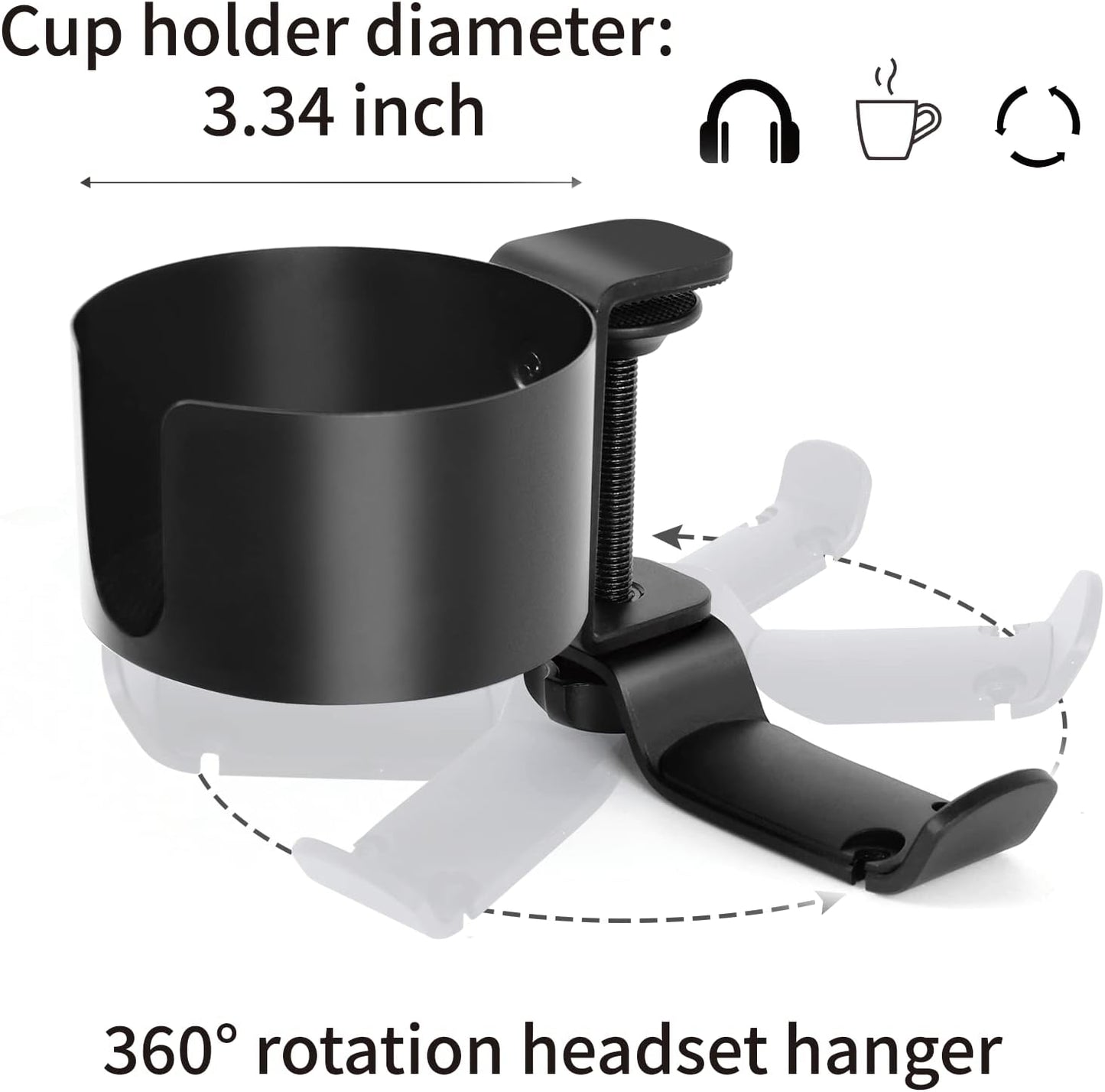 2 in 1 Desk Cup Holder with Headphone Hanger, Anti-Spill Cup Holder for Desk or Table, Easy to Install, Sturdy and Durable, Enough to Hold Coffee Mups, Water Bottles, Headphones