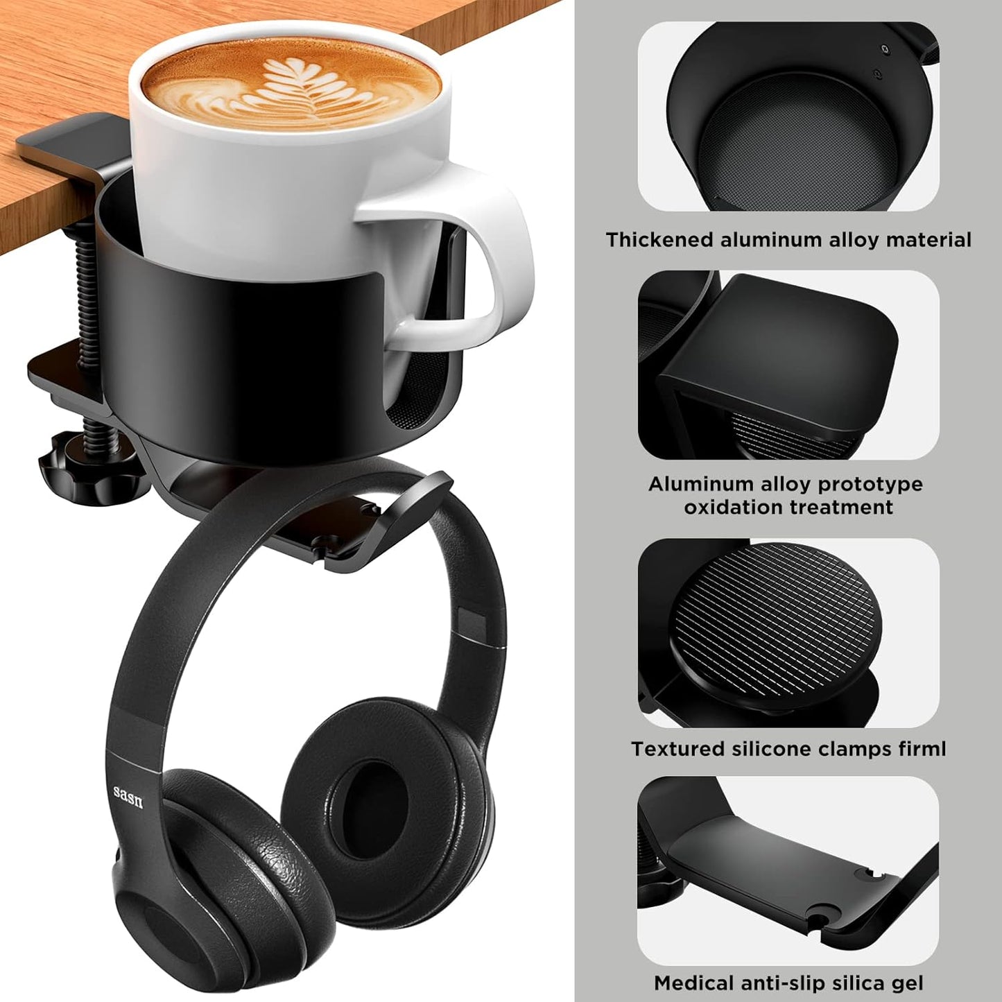 2 in 1 Desk Cup Holder with Headphone Hanger, Anti-Spill Cup Holder for Desk or Table, Easy to Install, Sturdy and Durable, Enough to Hold Coffee Mups, Water Bottles, Headphones