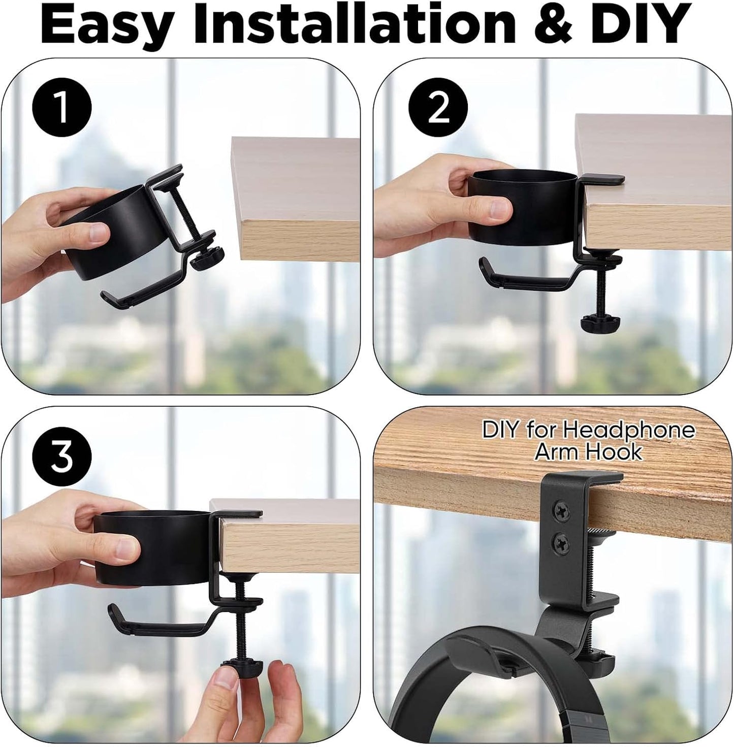 2 in 1 Desk Cup Holder with Headphone Hanger, Anti-Spill Cup Holder for Desk or Table, Easy to Install, Sturdy and Durable, Enough to Hold Coffee Mups, Water Bottles, Headphones