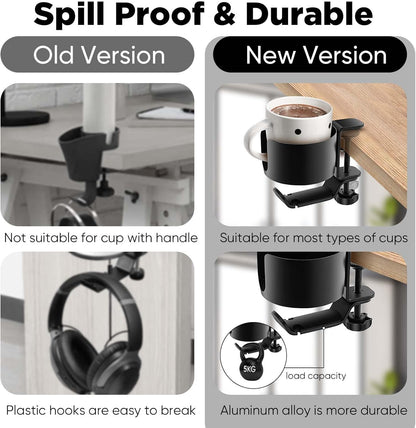 2 in 1 Desk Cup Holder with Headphone Hanger, Anti-Spill Cup Holder for Desk or Table, Easy to Install, Sturdy and Durable, Enough to Hold Coffee Mups, Water Bottles, Headphones
