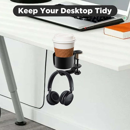 2 in 1 Desk Cup Holder with Headphone Hanger, Anti-Spill Cup Holder for Desk or Table, Easy to Install, Sturdy and Durable, Enough to Hold Coffee Mups, Water Bottles, Headphones