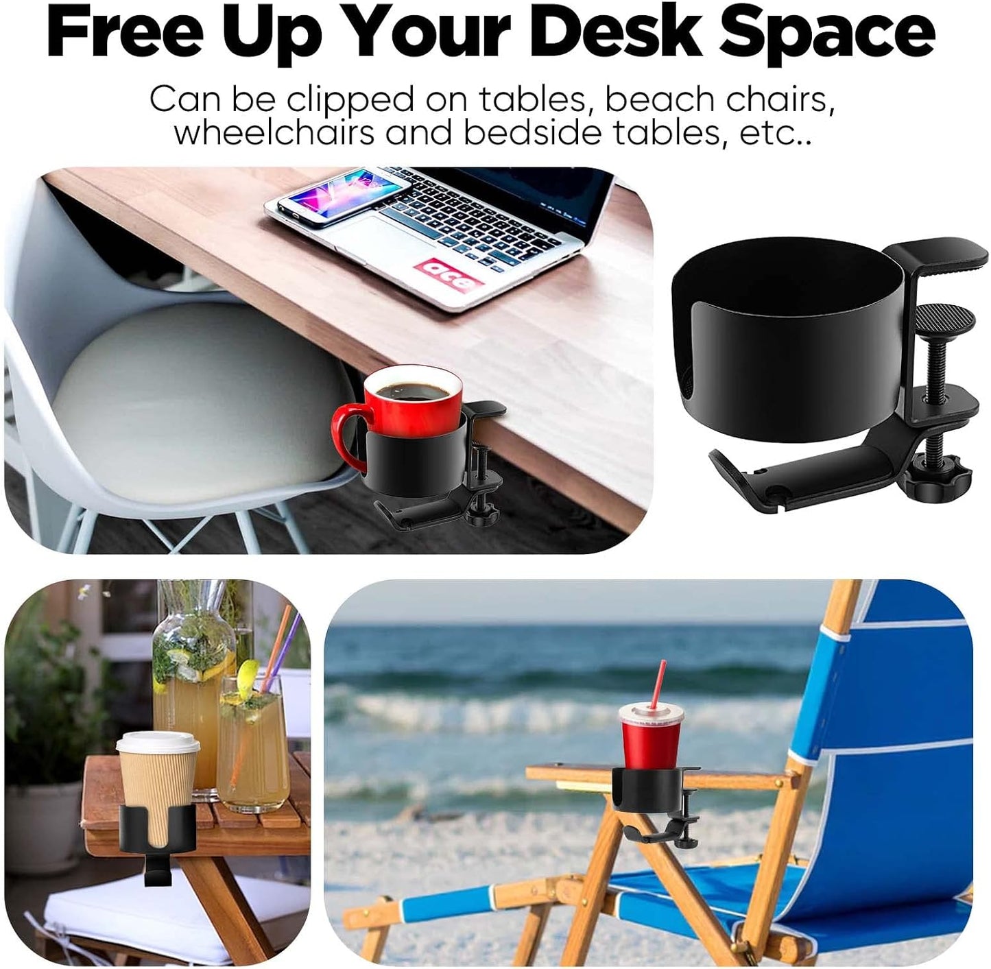 2 in 1 Desk Cup Holder with Headphone Hanger, Anti-Spill Cup Holder for Desk or Table, Easy to Install, Sturdy and Durable, Enough to Hold Coffee Mups, Water Bottles, Headphones