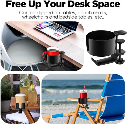 2 in 1 Desk Cup Holder with Headphone Hanger, Anti-Spill Cup Holder for Desk or Table, Easy to Install, Sturdy and Durable, Enough to Hold Coffee Mups, Water Bottles, Headphones
