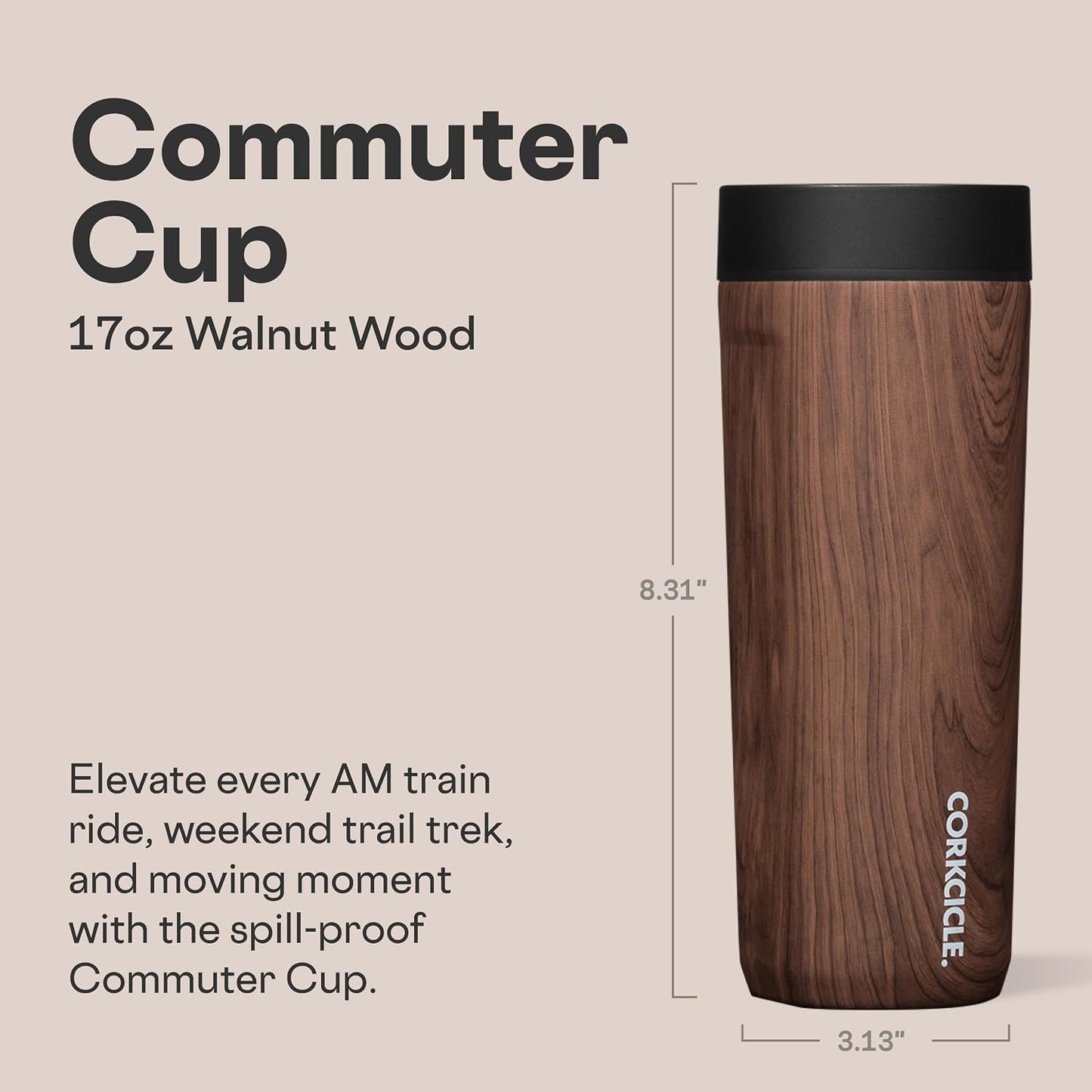 Commuter Cup Travel Mug - Insulated Coffee Mug with Lid - Keeps Drinks Cold 18 Hours - 360° Spill-Proof Sip Lid - Holiday Gift - Great for Gifting Warmth - 17 oz - Burnt Wood