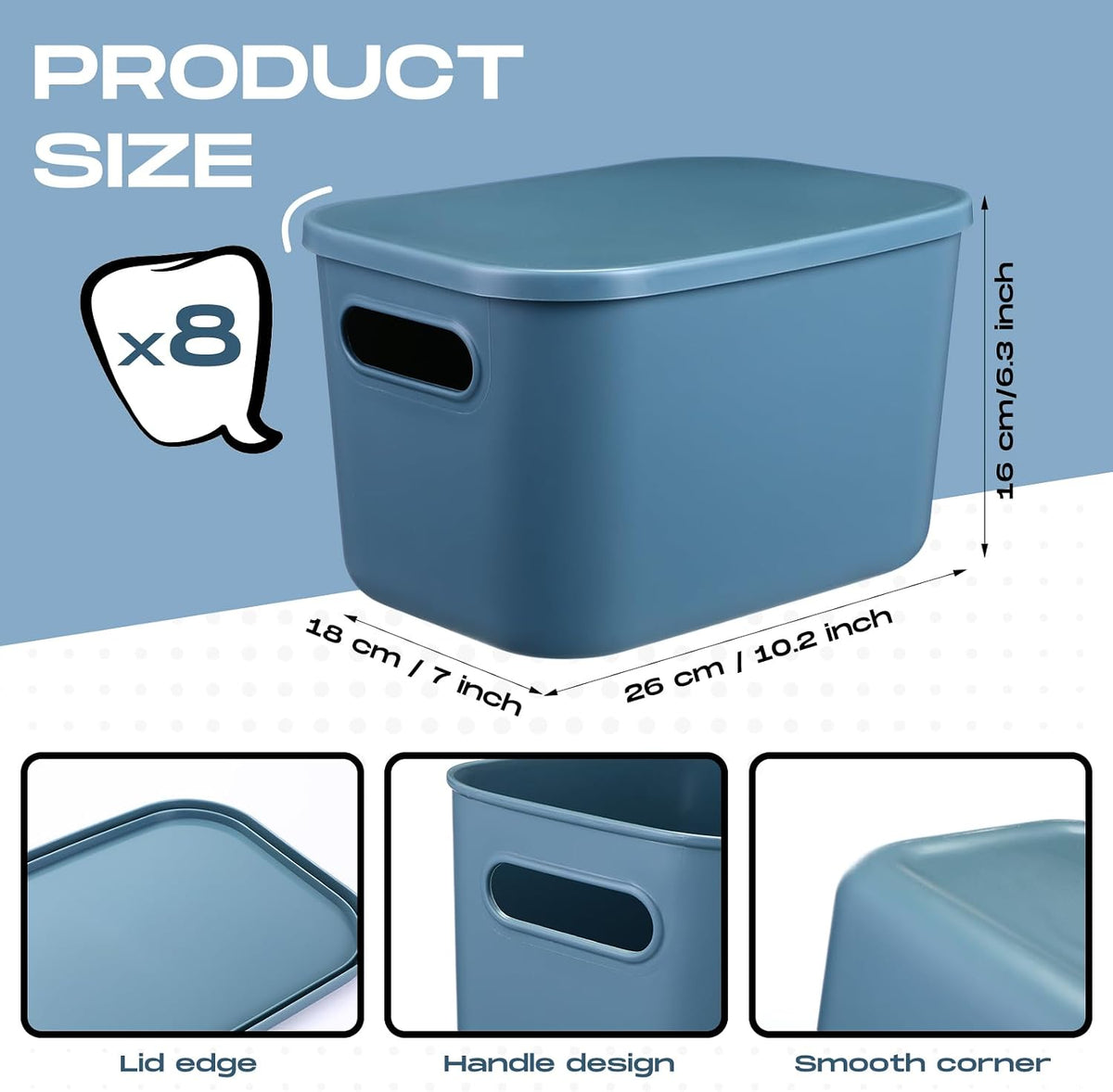 8 Pieces Storage Bins, 10.2 x 7 x 6.3 Inch, Blue