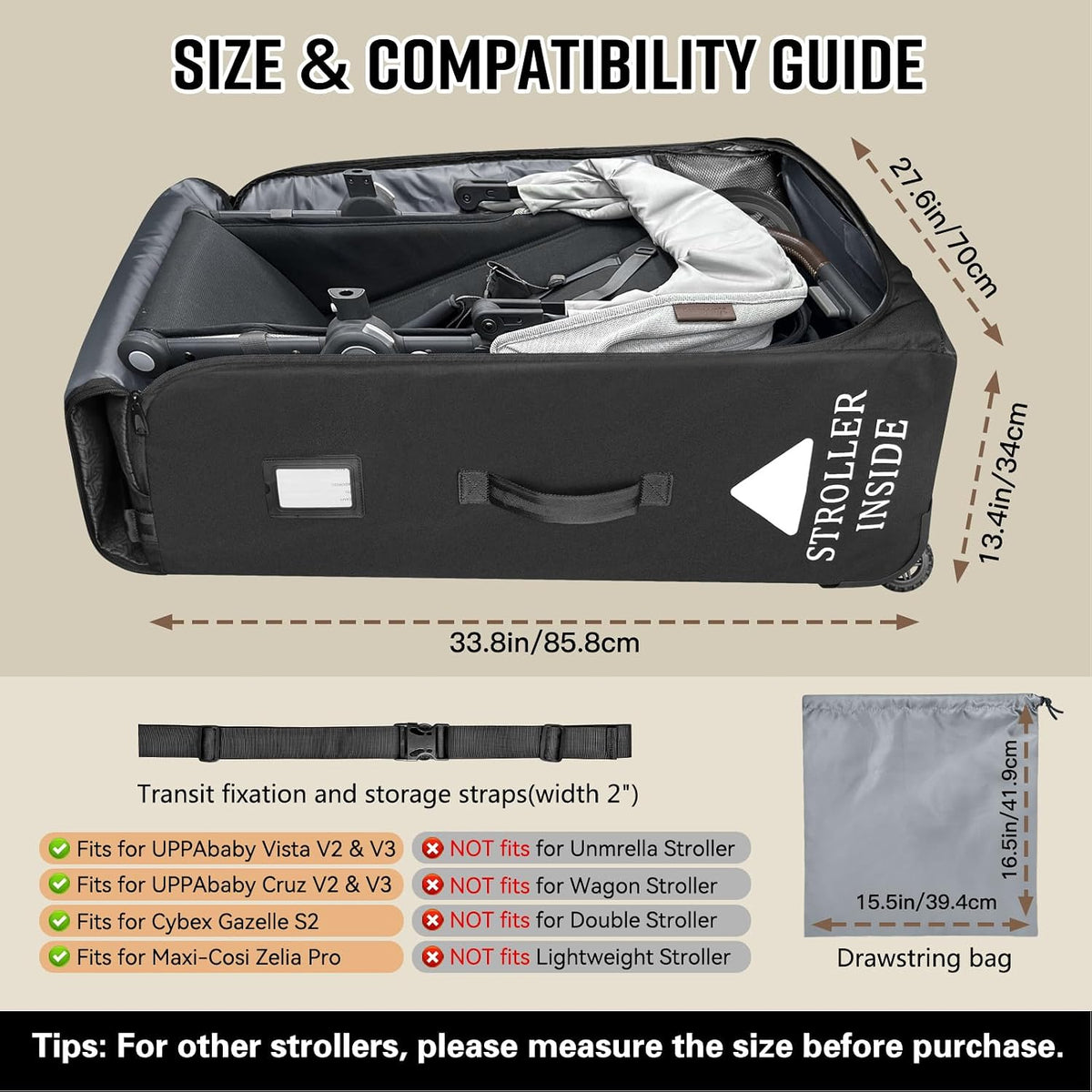 Padded Stroller Travel Bag for Airplane with Wheels