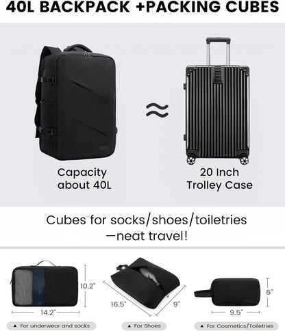 Travel Carry on Backpack, Large 40L Personal Item Travel Bag for Men & Women Flight Approved with 3 Packing Cubes, Suitcase Water Resistant Luggage Daypack Business Weekender Bag