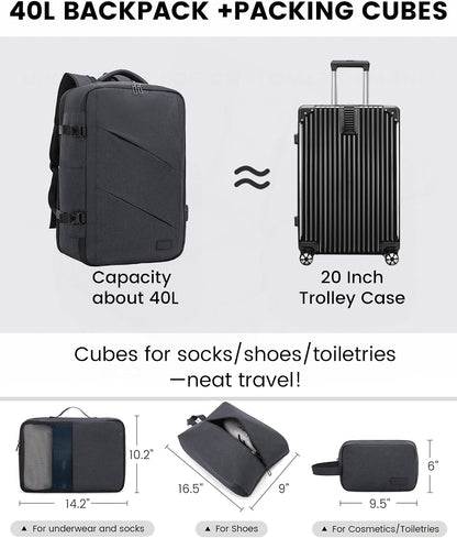 Travel Carry on Backpack, Large 40L Personal Item Travel Bag for Men & Women Flight Approved with 3 Packing Cubes, Suitcase Water Resistant Luggage Daypack Business Weekender Bag