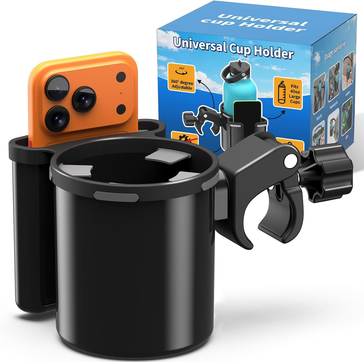 Universal Clamp-on 2-in-1 Cup Holder & Phone Holder for Stroller, Walker, Wheelchair, Fits 12oz-40oz Drinks, Multifunctional Storage Organizer, Perfect for Bikes, Motorcycle, Scooters, 1 Pack